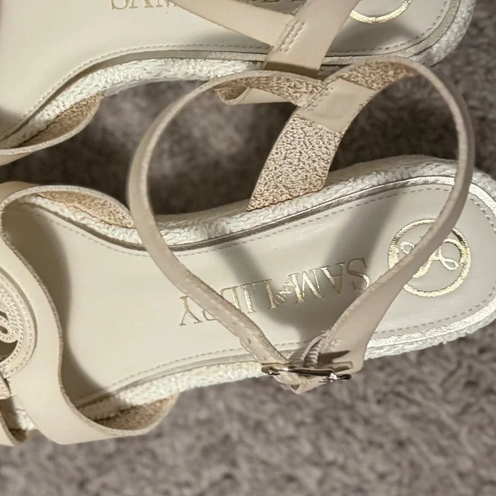 Sam Libby Camille Wedge‎ Sandals 8.5 Cream Beige Espadrille Ankle Strap Platform